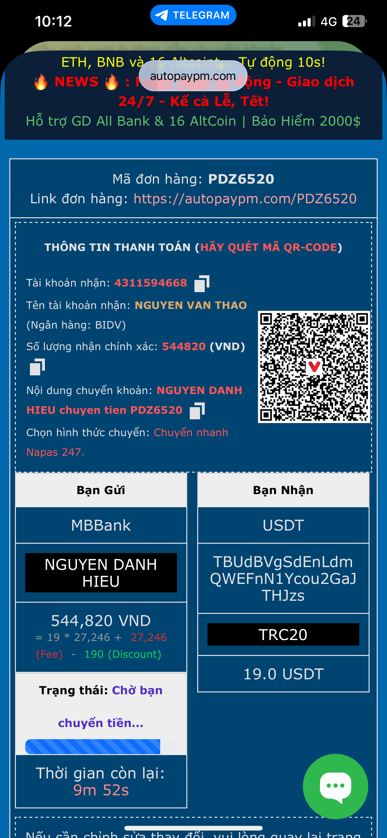 Kiểm tra đơn mua USDT